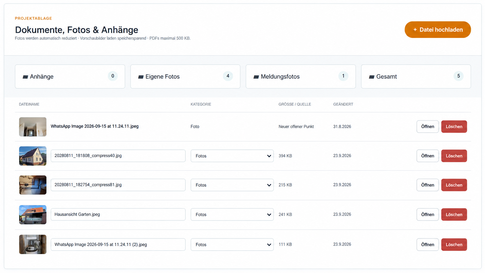 BAUTAKT-IO Projektablage mit fünf Dateien, kleinen Vorschaubildern, Kategorien sowie Schaltflächen zum Öffnen und Löschen